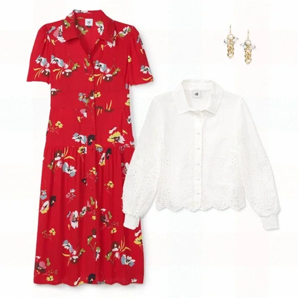 *Flawed* CAbi Afternoon Dress Floral Midi Red 6218 SS Shirt Dress Size XL Sheer - Picture 14 of 15